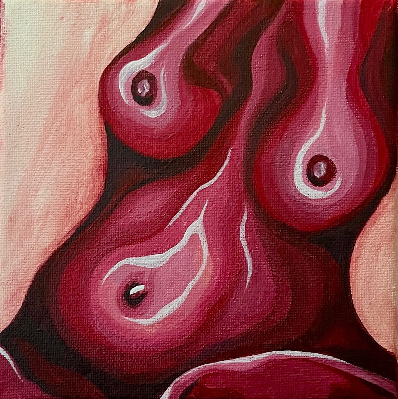 A painting of the physical form of a person with boobs and ambiguous genitals that cannot be seen in the painting. Sporting a dark red to purple palette, this painting inhibits depth and warmth of the presumed female form.