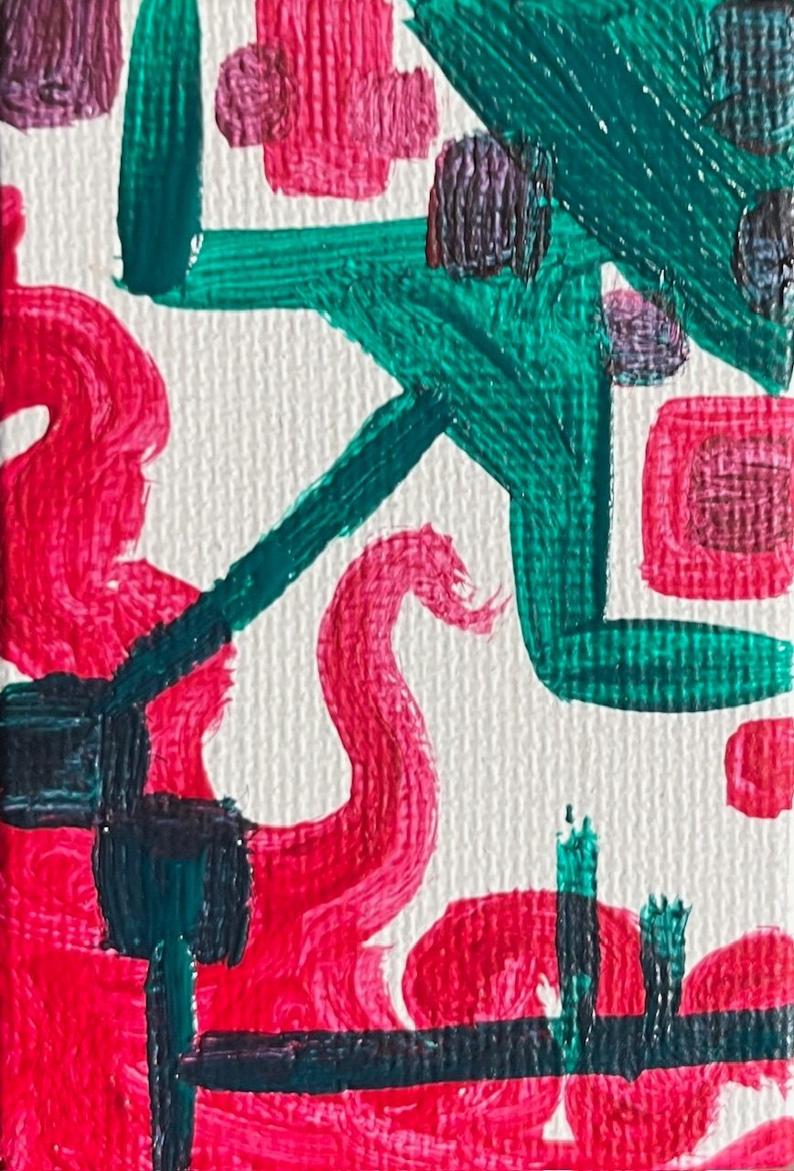 A two-tone acrylic painting featuring red and green, showing one corner of the piece starting fluidly and the other geometrically with the two meeting and crossing over one another.