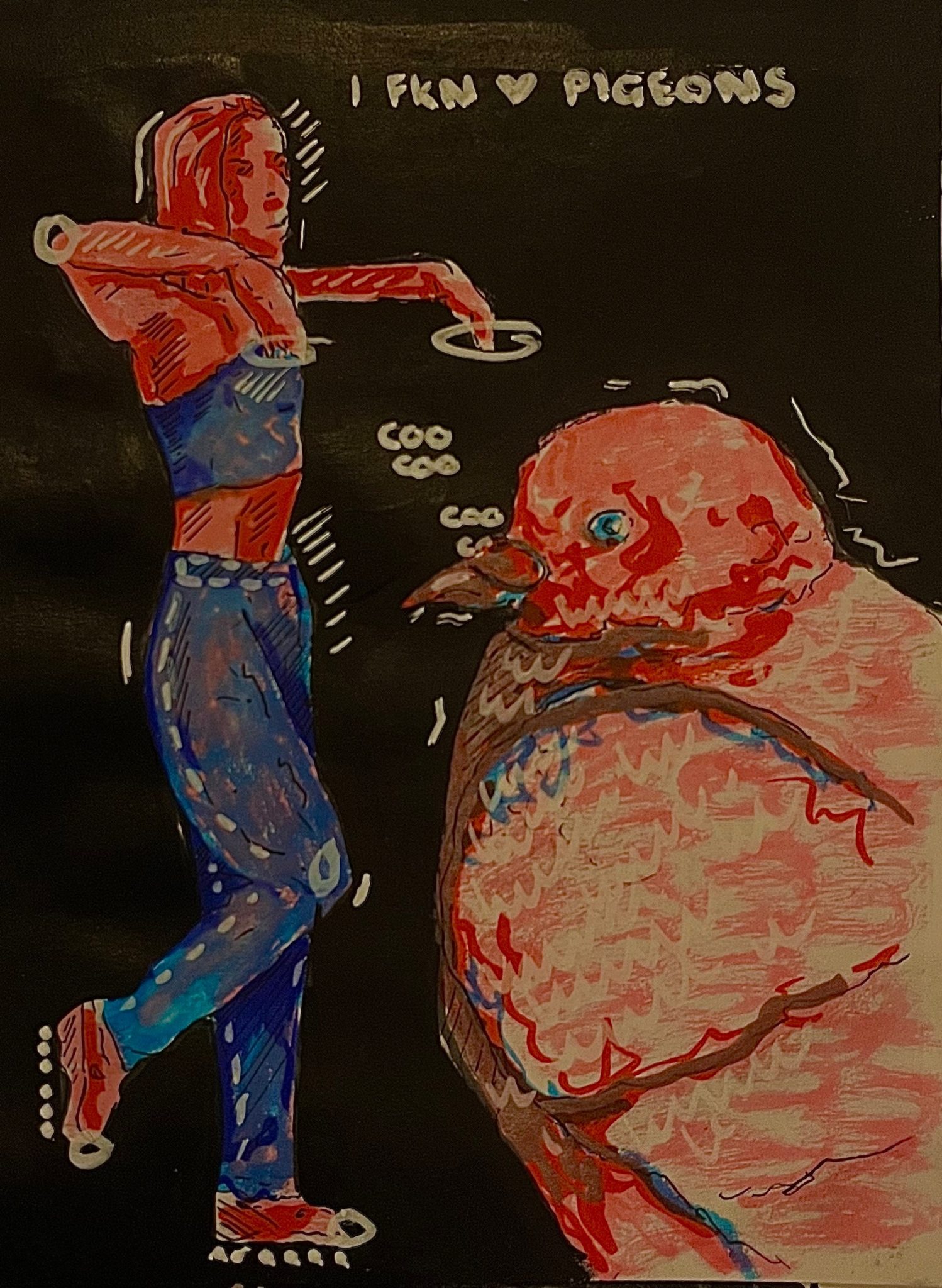 Revisited an old sketchbook of myself and a pigeon