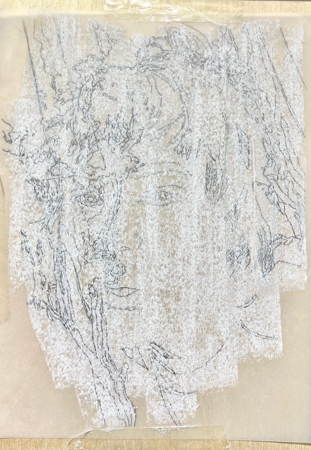 White chalk marks over a detailed outline of a figurative image