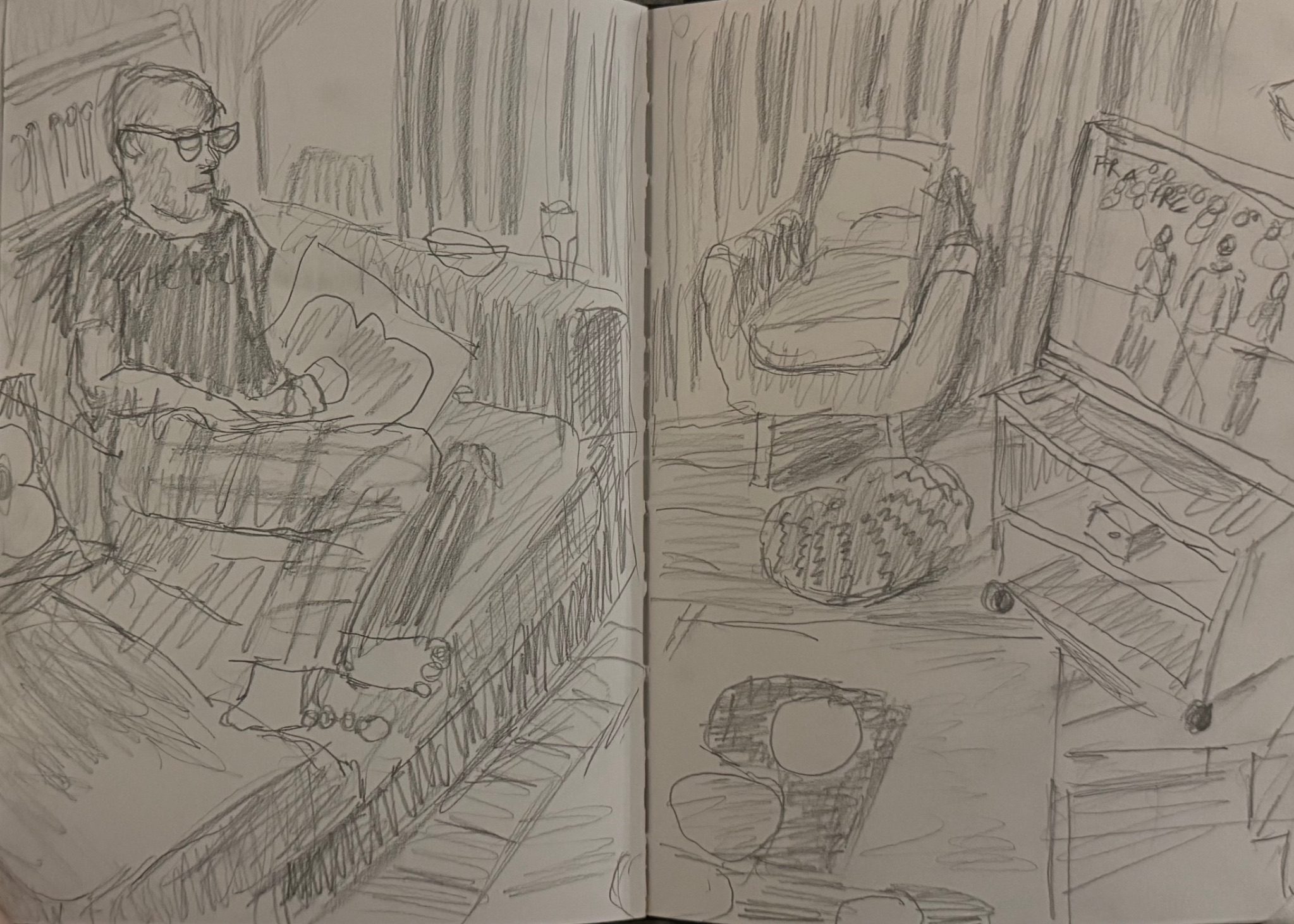 Pencil drawing of a man watching a rugby match on TV.