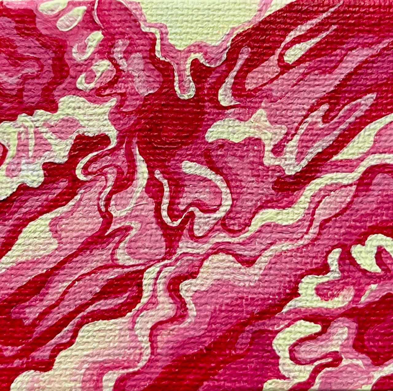 A reinvention of yesterdays little yellow and red painting going back in and making swirling details to the whole piece creating new dimension and depth with lots of pinky tones and no white