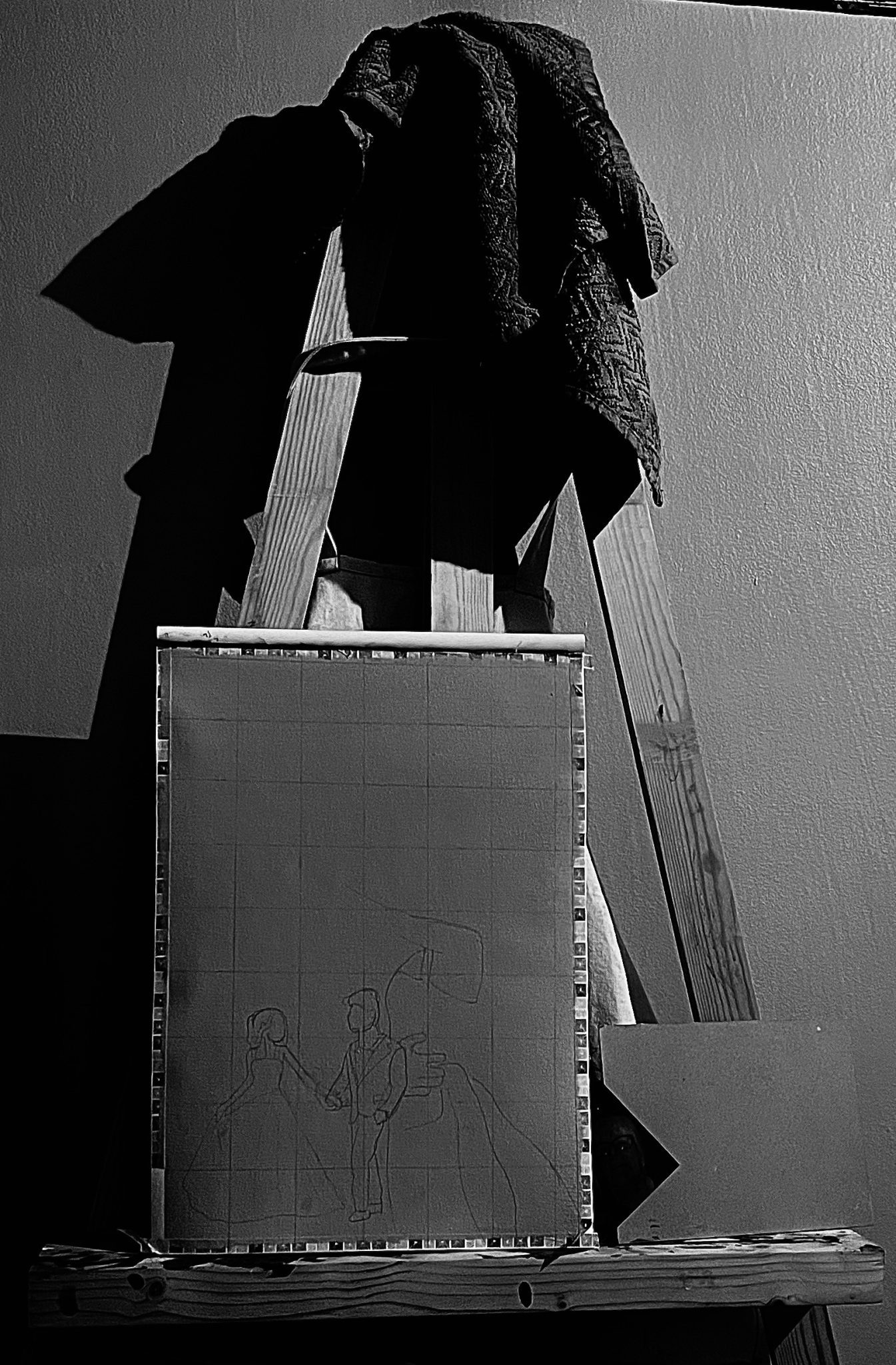 A photograph of my easel which has an unfinished art work on it