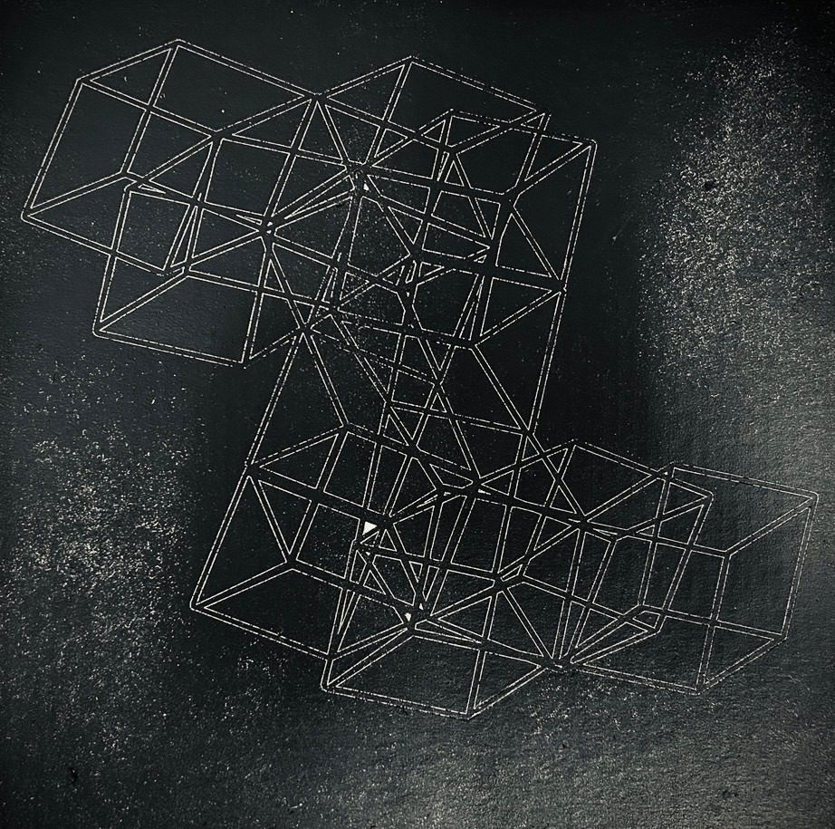 Layered geometric line study. Acrylic on card