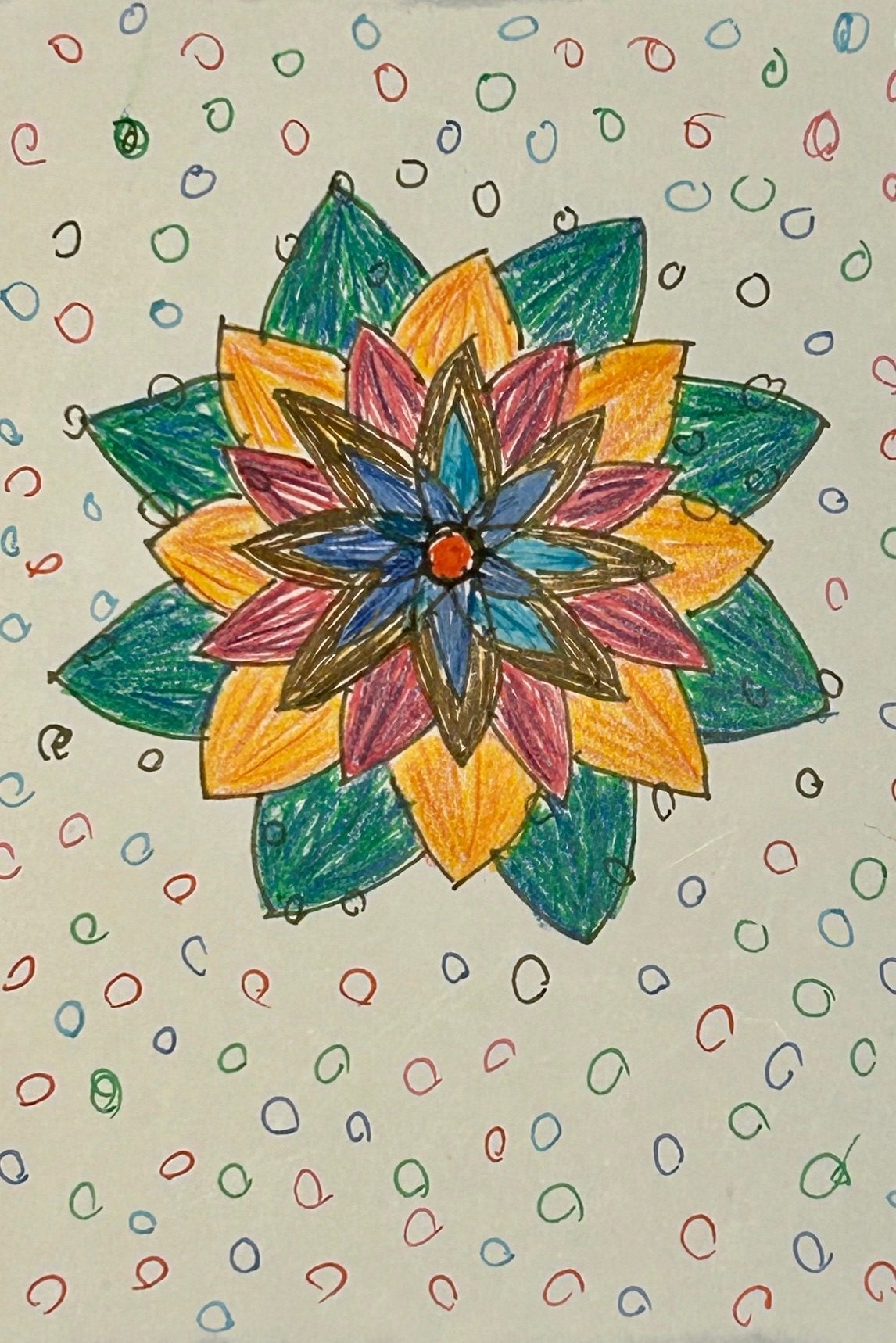 Pen and watercolour pencil drawing of an imaginary dahlia like flower