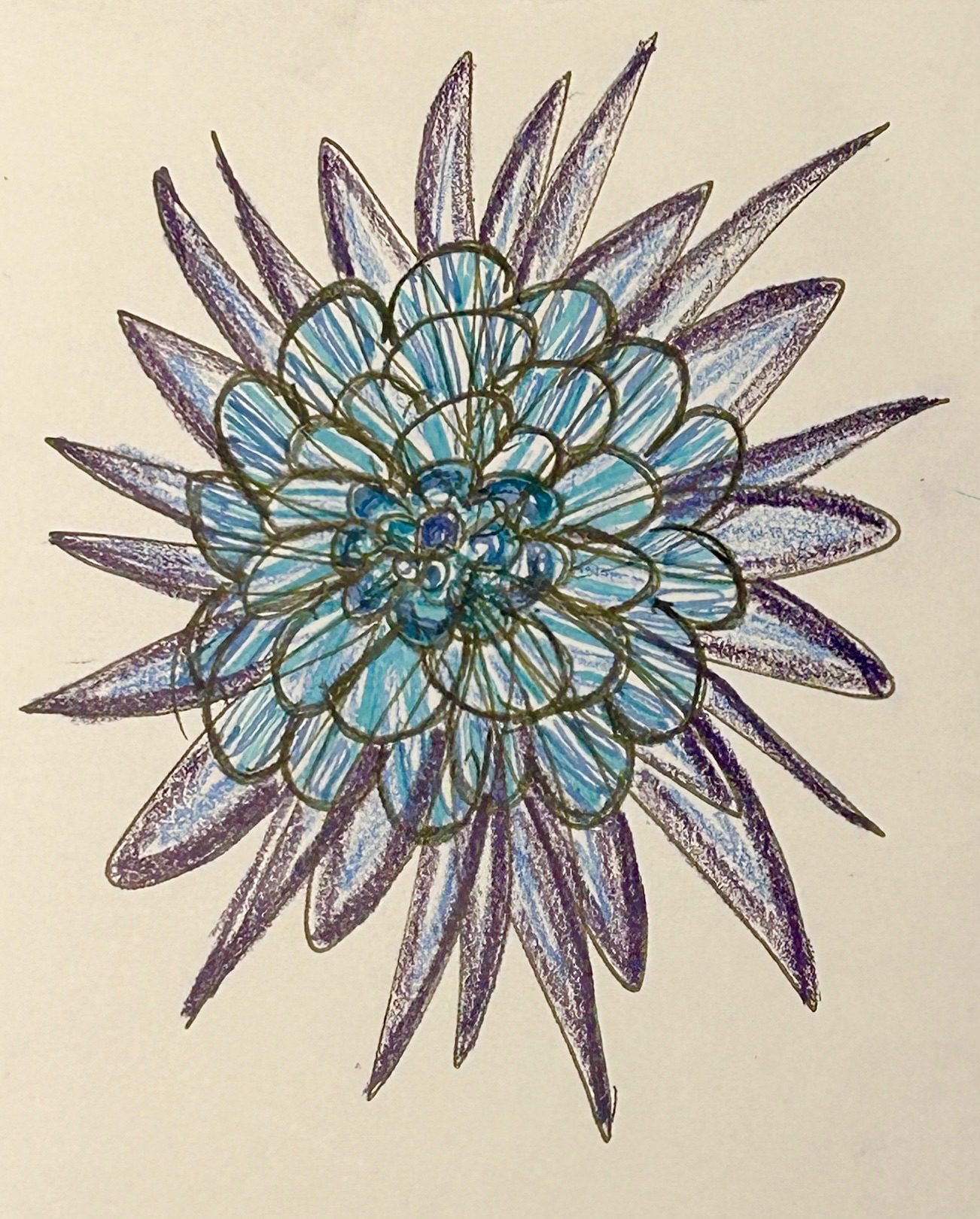 Coloured ink and coloured pencil drawing of an imaginary flower