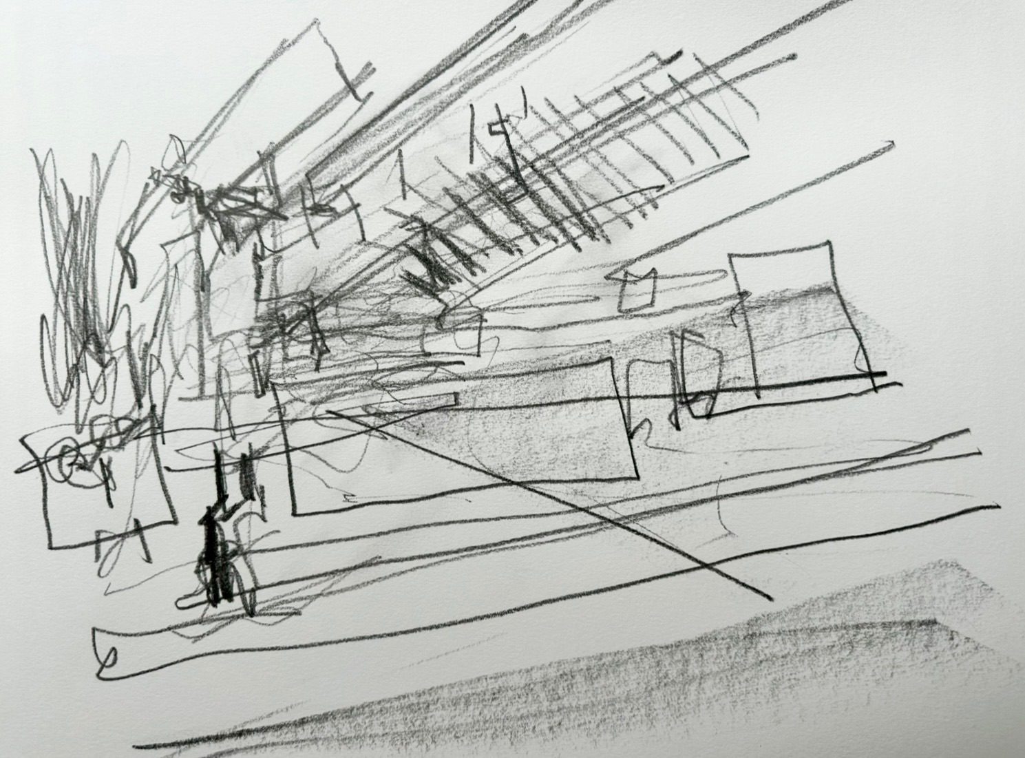 Graphite stick drawing done eyes shut. Railway bridge over road, same subject as days 8 and 9.