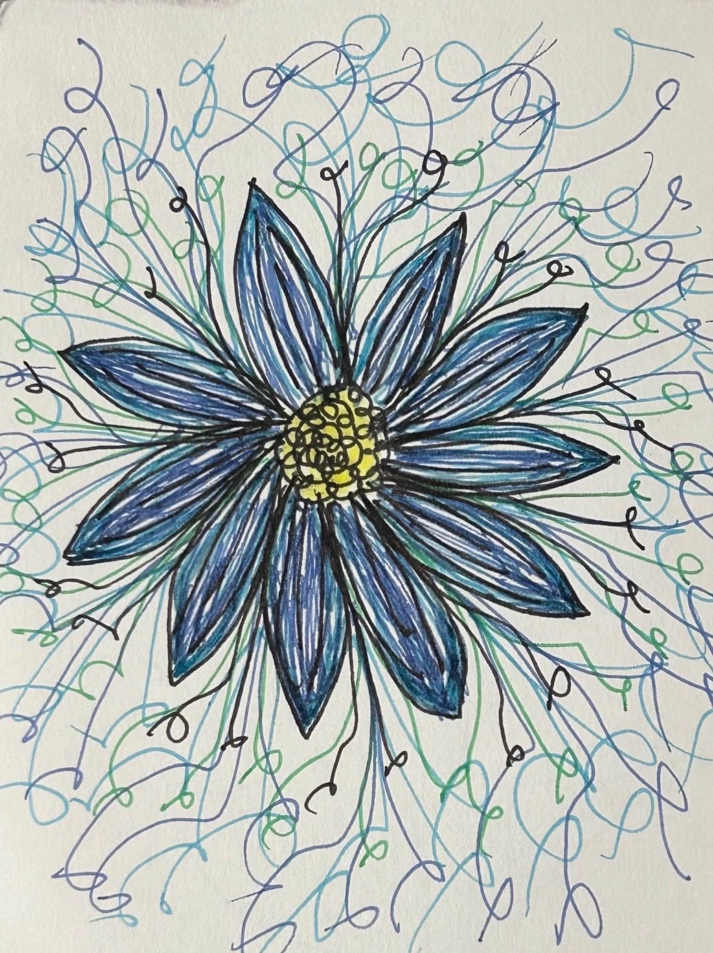 Ink and coloured pencil drawing of a flower