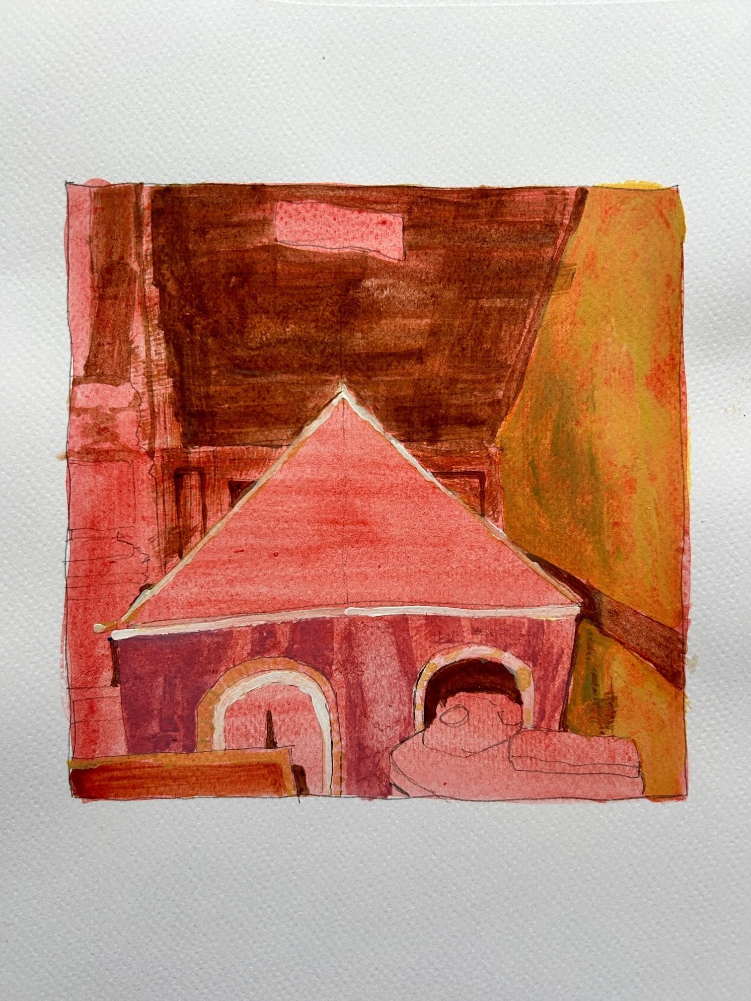 Watercolour image in reds and oranges of playtent under stairs
