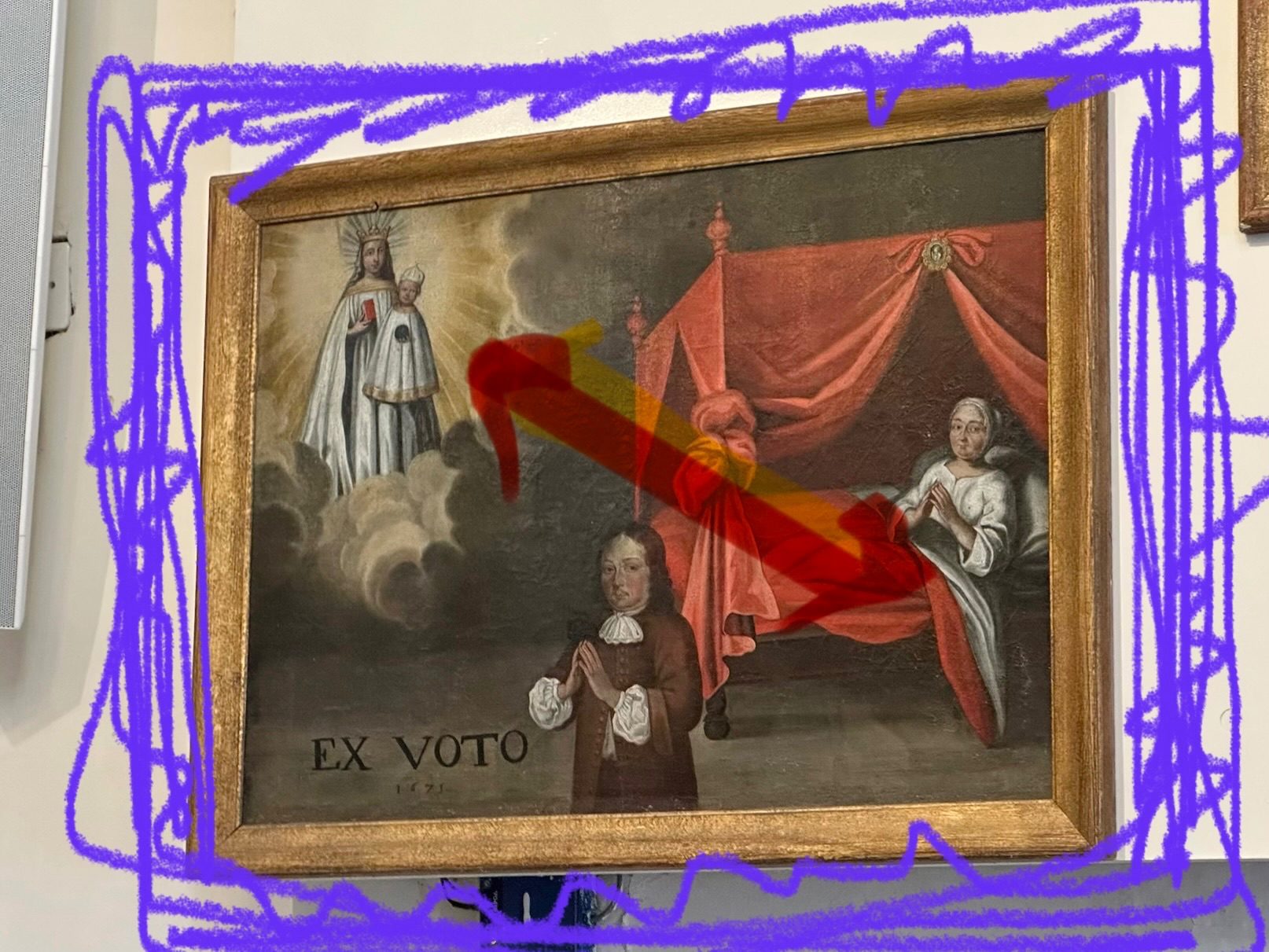 A 17th century painting with a frame done by hand on iphone and a link to the virgin and a mother giving birth