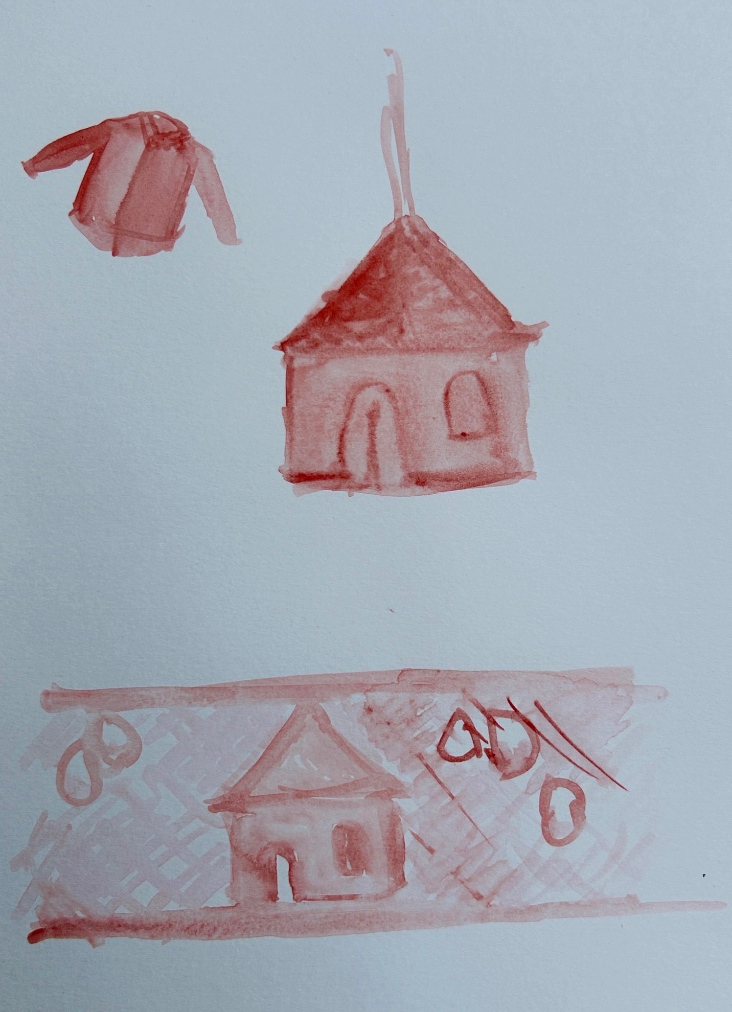 Watercolour in red of 3 separate elements - a shirt, a play tent and a fence with flatten attached