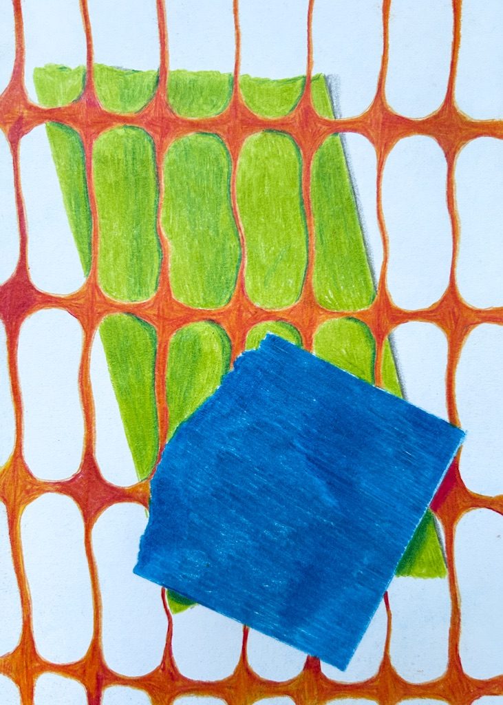 An A5 coloured pencil drawing with and orange netting and green and blue shapes on either side