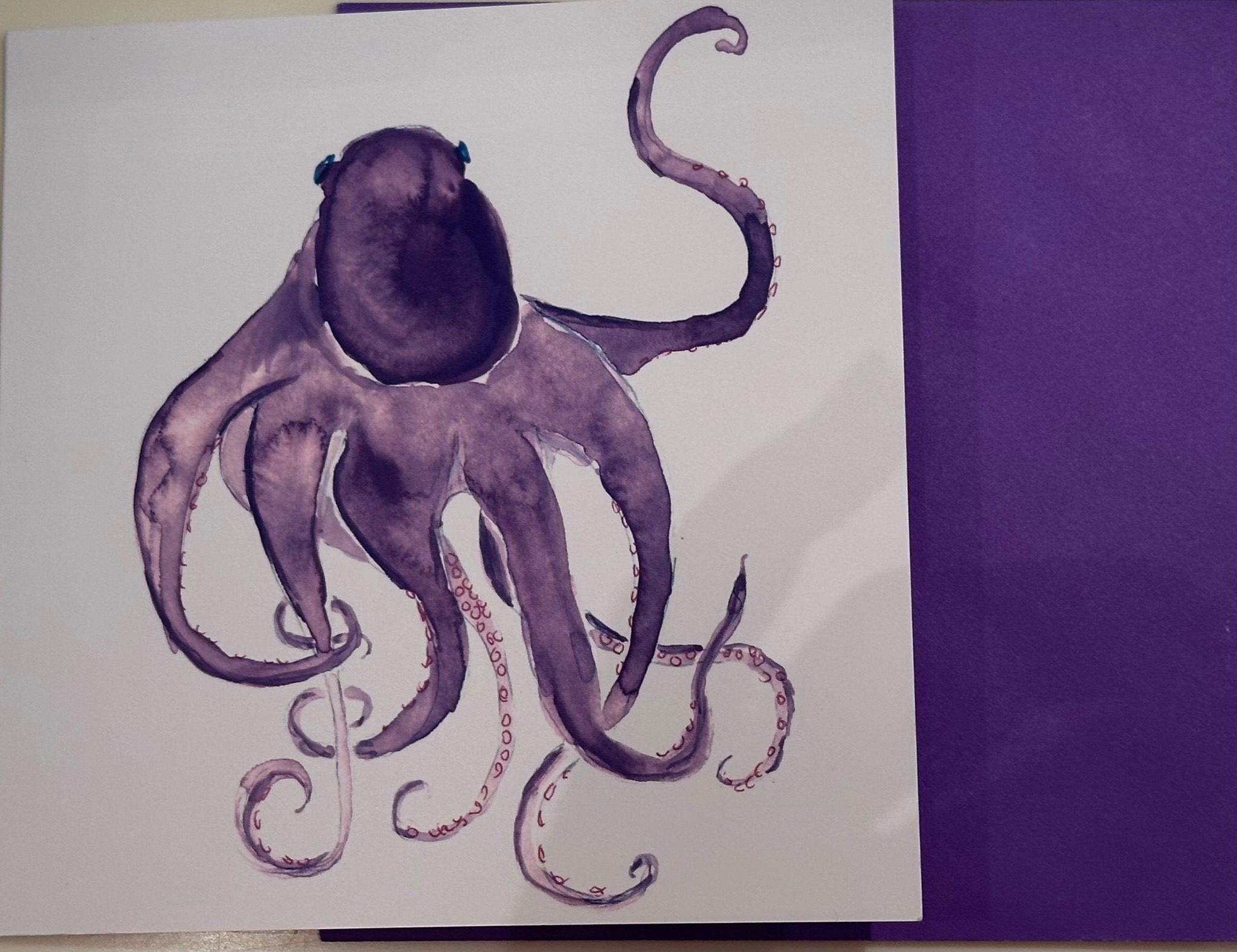 A watercolour in purple of an octopus with a purple band on the right