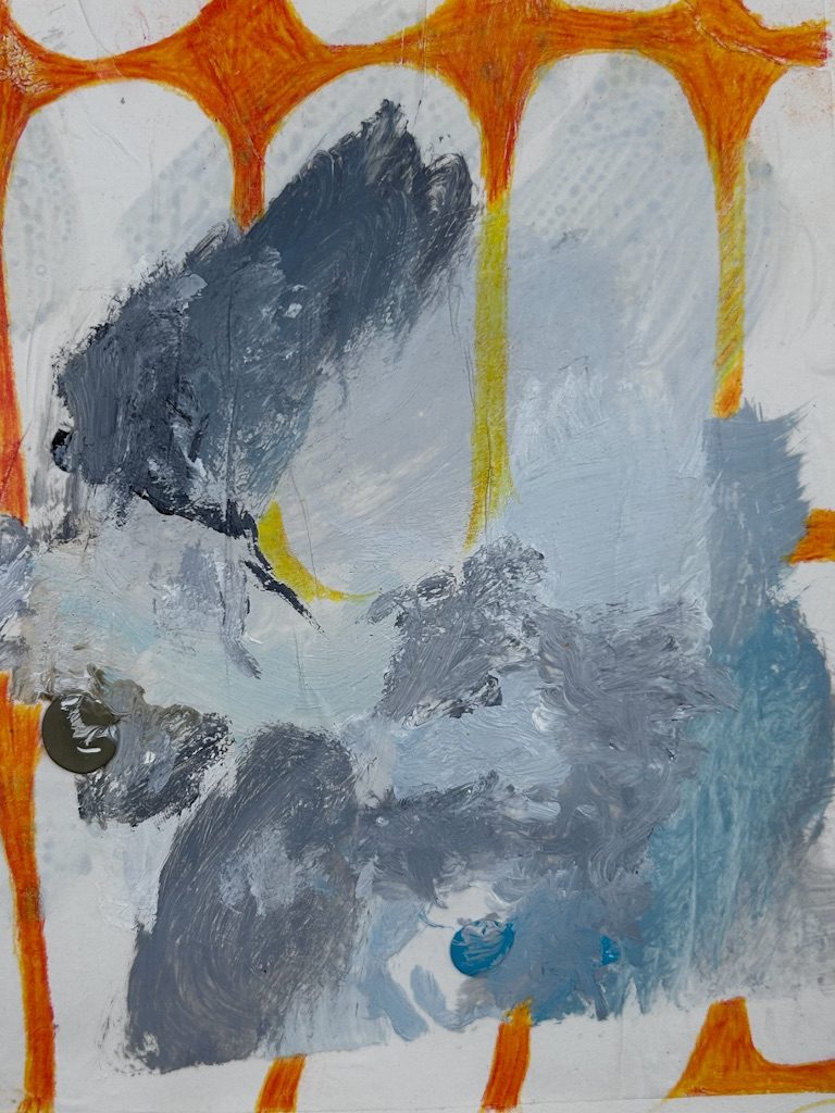 Painterly brush marks within a coloured pencil net structure