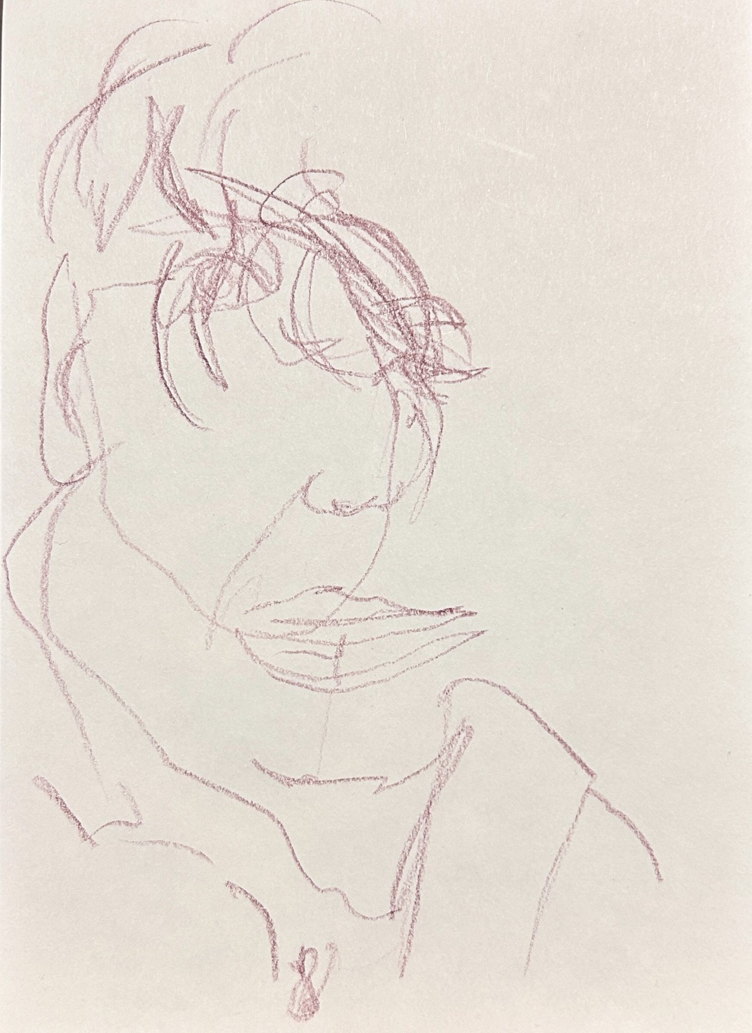 A drawing of my son done without looking at the paper. I used burnt carmine coloured pencil on paper.