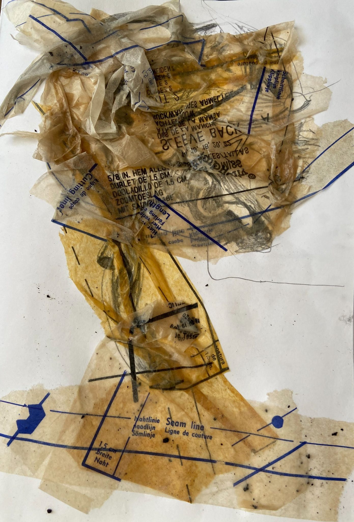 Quick drawing using charcoal and sewing patterns on paper