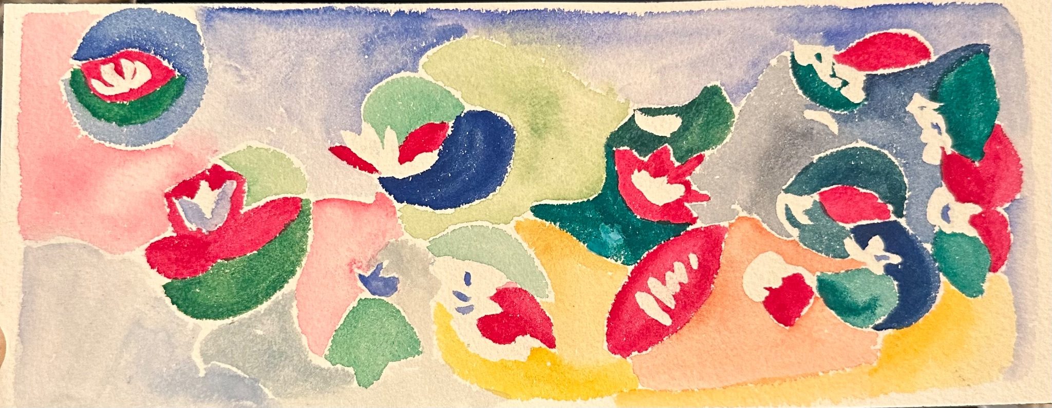 Watercolour in abstracted style suggestive of lily pads on water