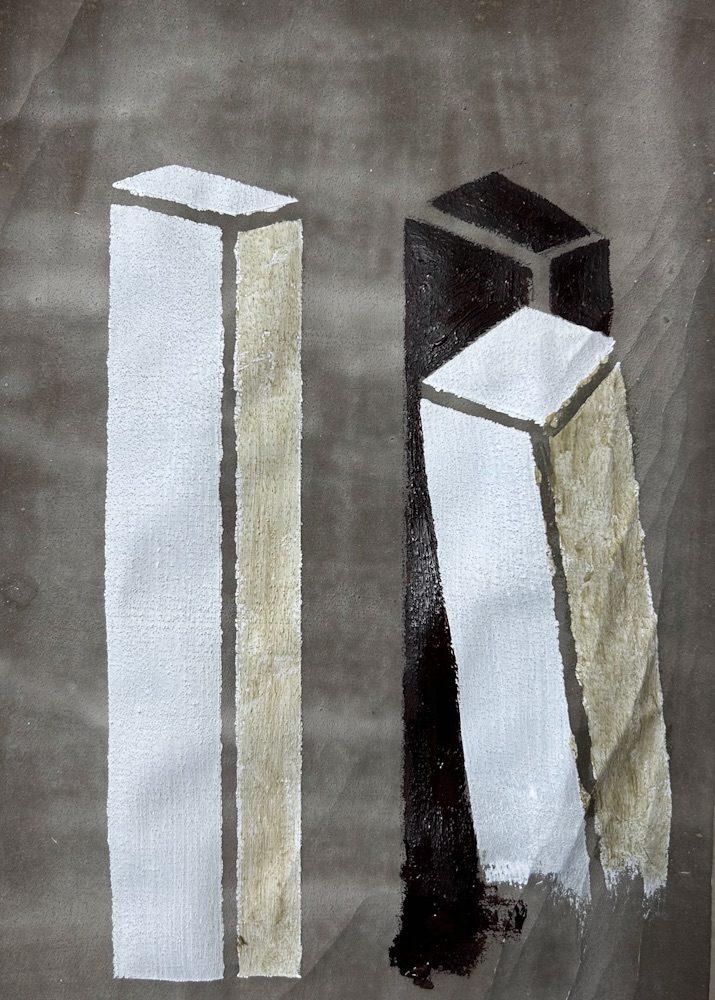 Drawing of 3 buildings in acrylic and cement