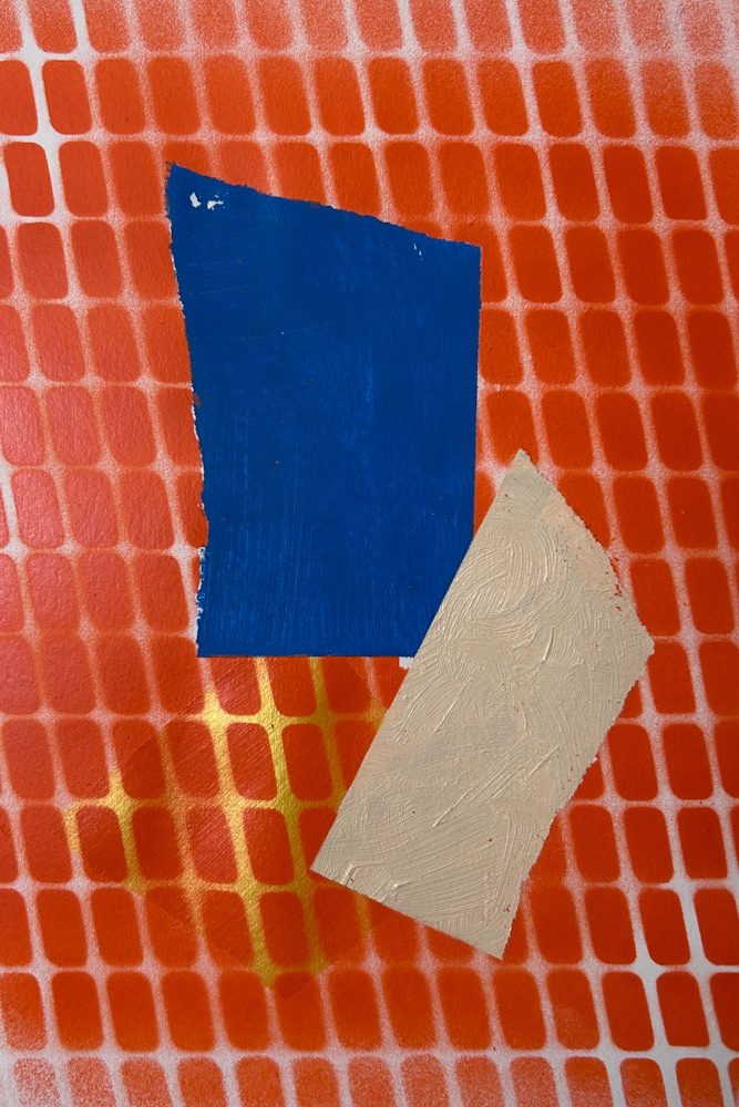 Oil painted torn paper with spray painted mesh and little bit of gold