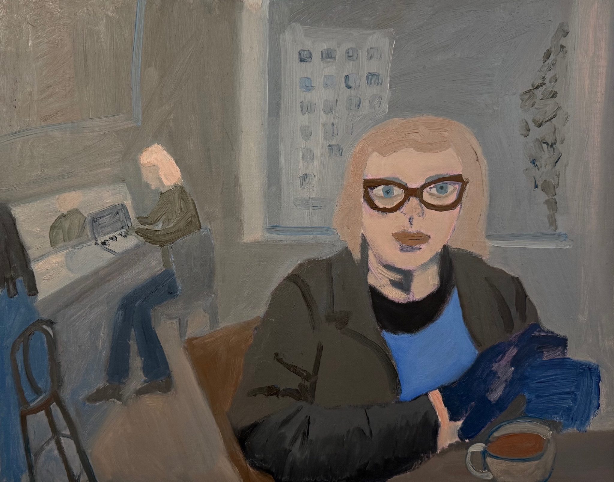 Limited palette painting using 2 blues, orange, black and white. Oil on board