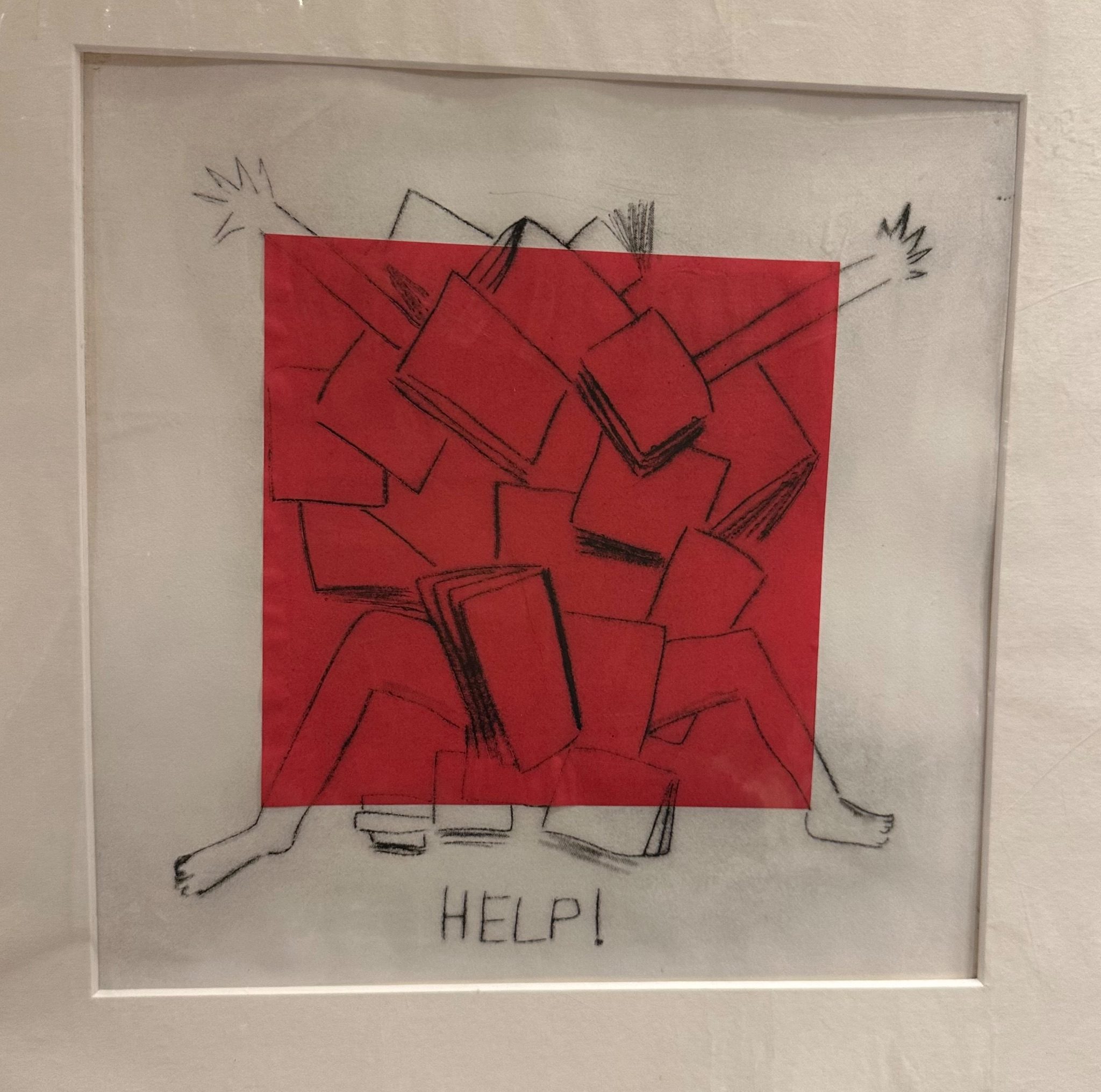 A cartoonish etching of a figure buried under books, with a red chine-collé square