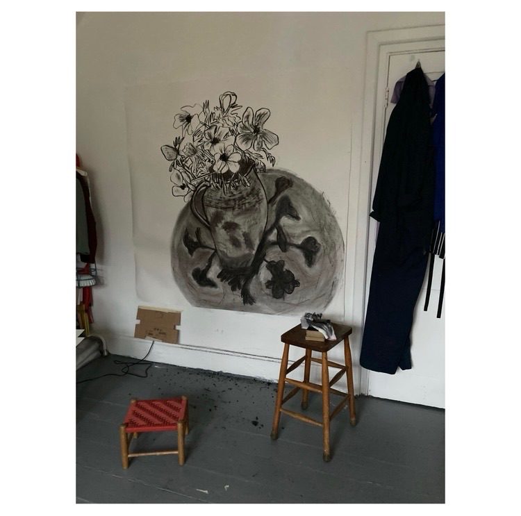 Drawing of flowers in a jug on a table. Charcoal on paper H150cms x W153cms