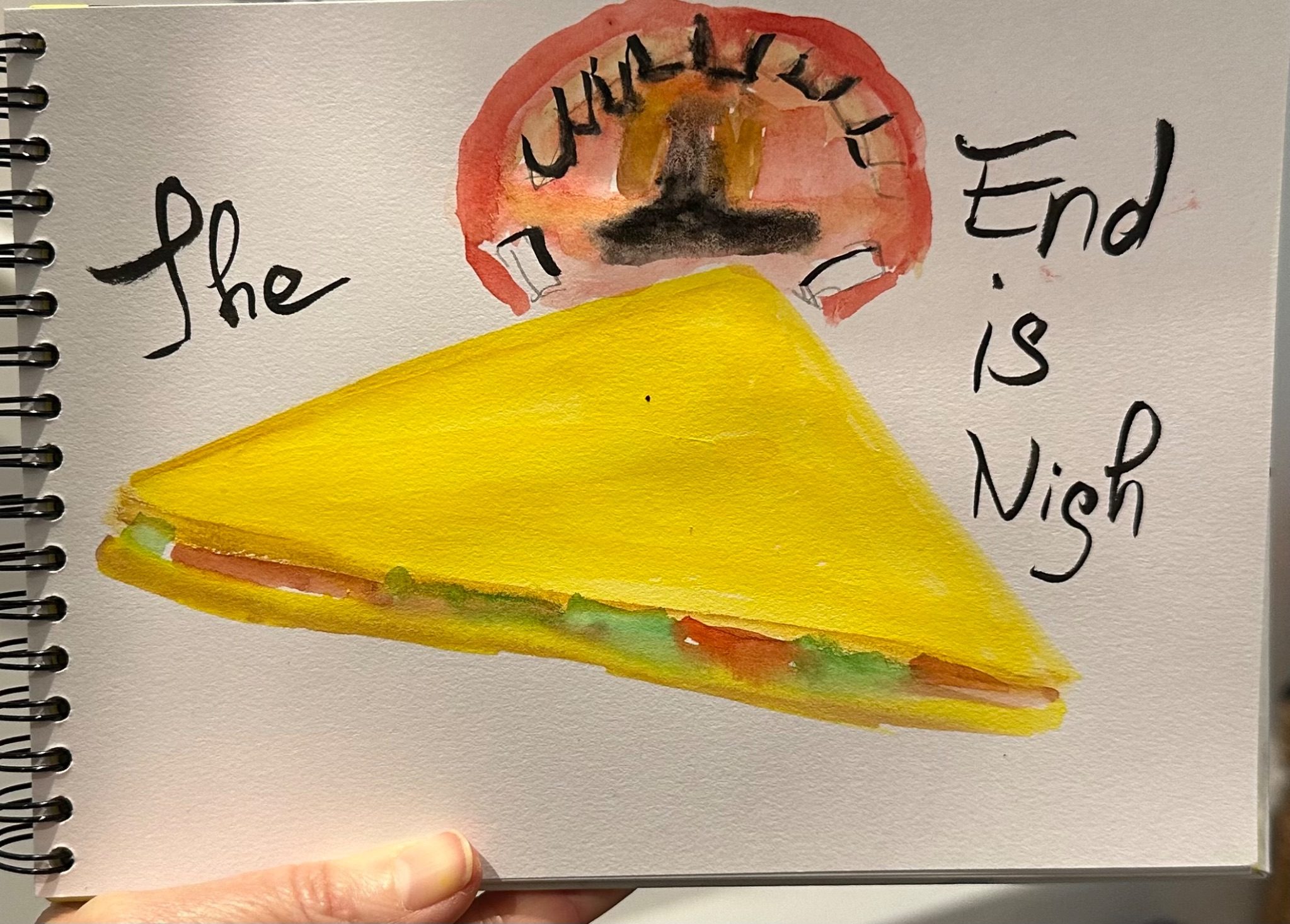 Crude watercolour of an open mouth and a triangle sandwich