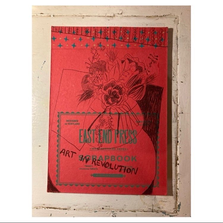 Still life with flowers and a catalogue for an exhibition at The Hayward in 1971 on the back of a sketch book. A4