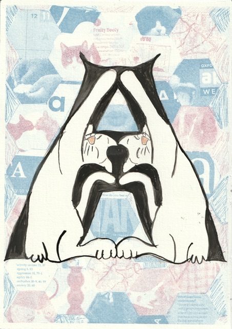 Half riso print half painting, there is a blue and pink collage behind in hexagon patterns. There are pictures of cats, papers with ‘A’, maps and magazine text. Over the top is a upper case A, within it two cats are stretching to meet eachother.