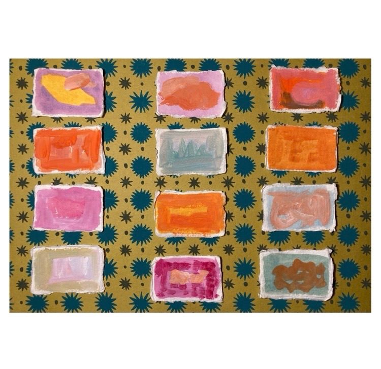 Small abstract colour studies on Indian decorative paper