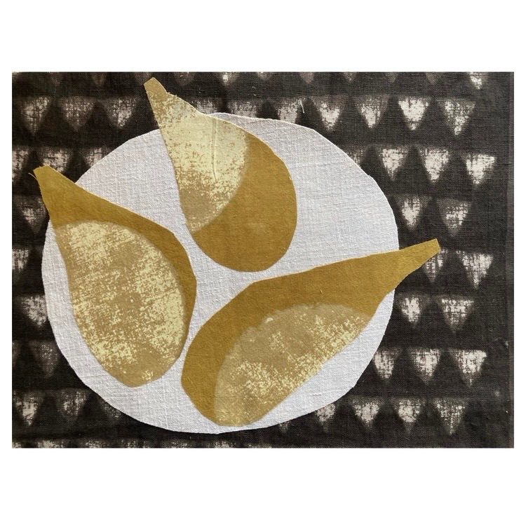 Still life with 3 pears on a plate. Fabric collage