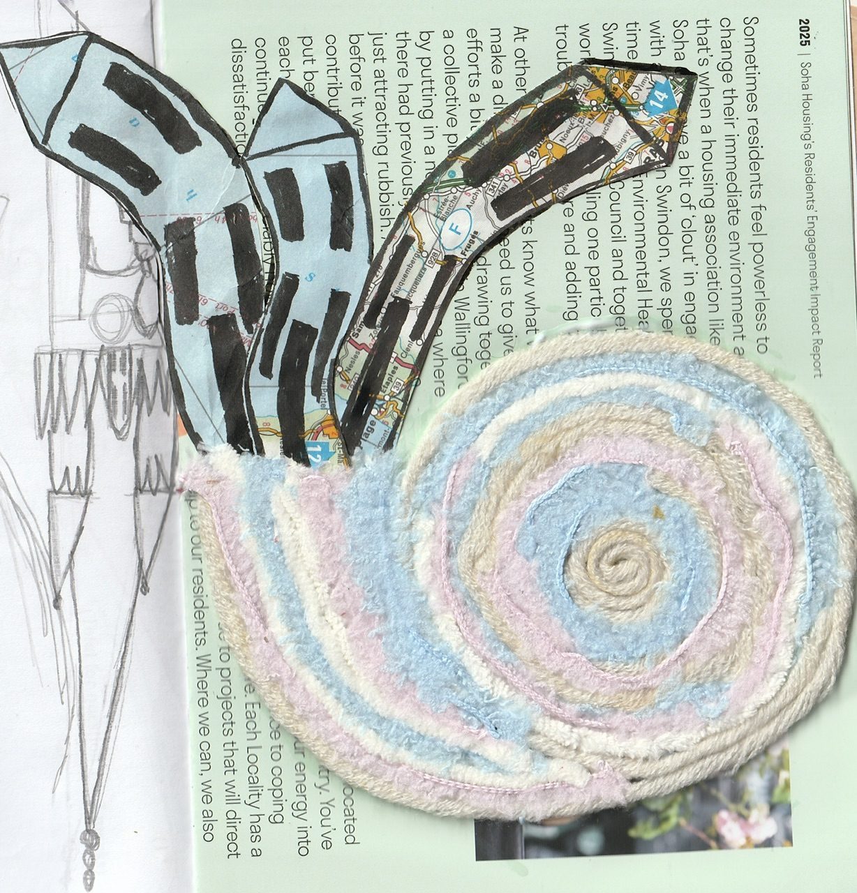 Mixed media collage with wool glued in a sprial representing a snails shell. Collaged from scrap paper are three houses, bending as they reached towards the sky. They are elongated with windows and doors streched and bent with the frames of the house, they come from the opening of the shell. The whole composition is on top of a SOHA magazine page.