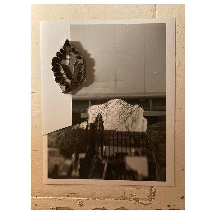 Collage with b/w photographs and found object