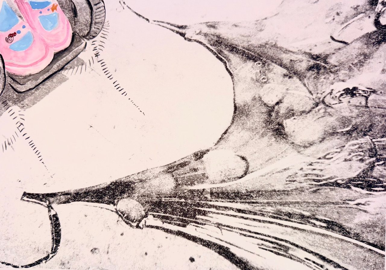 A photograph of tar on a floor with footmarks in the glossy surface. The artist has taken this photograph from Lee Miller and taken the tar from it, edited it to create a textured riso print feel. The artist has removed the mens feet from the image, replacing it with painted version of their own sitting upon their wheelchair plate. The wheels are visible in the image.