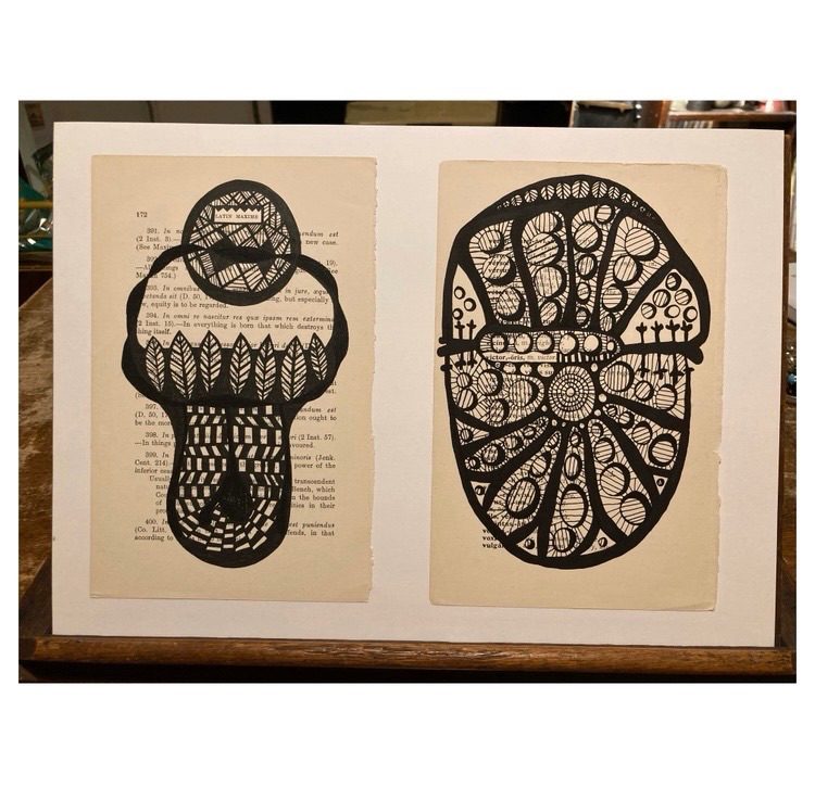 2 book pages with abstract ink drawings
