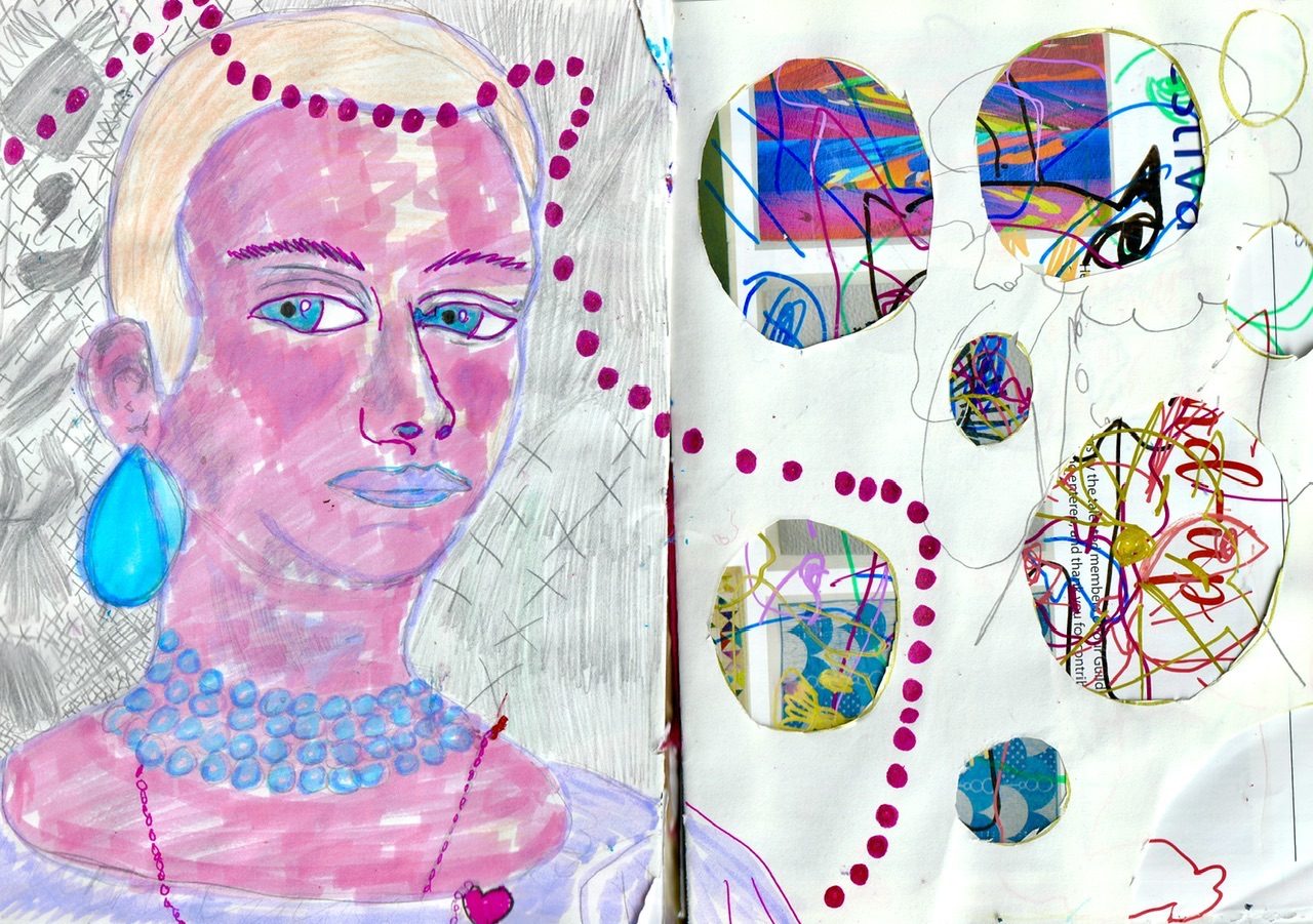 A study of The Bride (Lawrence Alloway) by Sylvia Sleigh. The Sleigh has painted her husband in their Alter ego “Hetty”. E has recreated this painting in highlighter, pencil and pens. On the landscape page sits the androgynous potrait, on the page opposite is an almost blank page with holes cut out of it, on the page behind are drawings of cats done without looking at the page