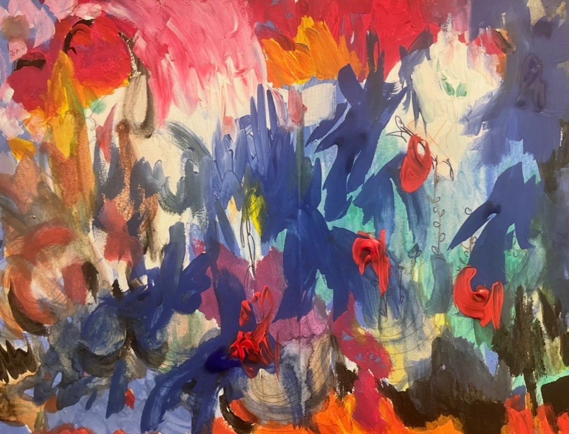 Painting in red pink oranges , marks in graphite pen blues gestural marks