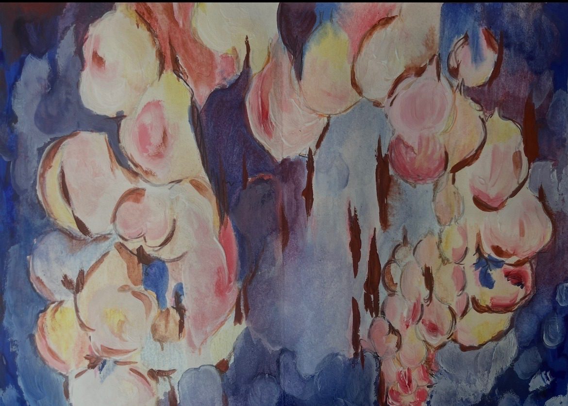 Fleshy and rounded forms in paint in purple blue peach  and