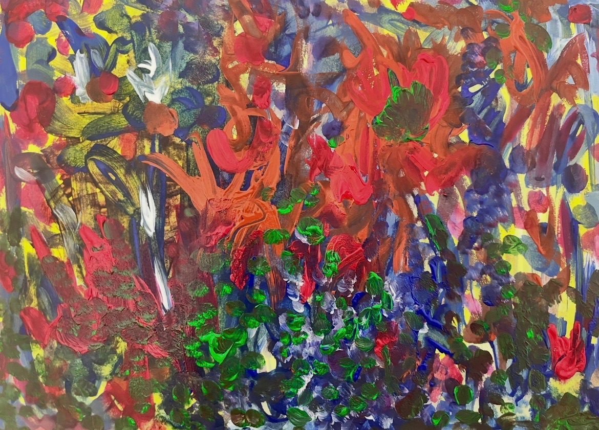 Vibrant marks in multitude of painted colours sweep across page