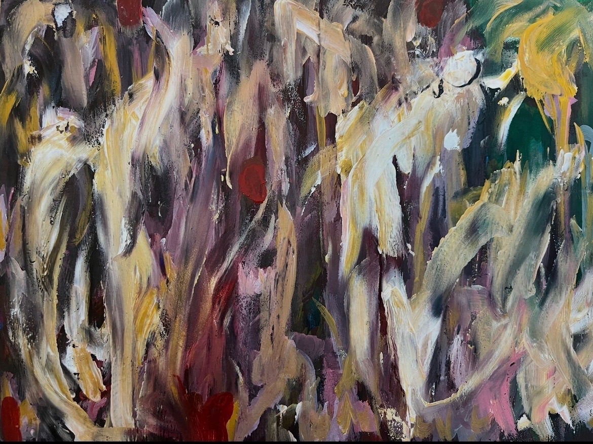 Layered sweeping marks in white , ochre, lilac with red dots on a dark layered background in paint