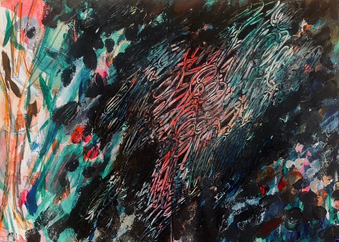 Black and scribbled painted layers drawing and marks and layers of paint