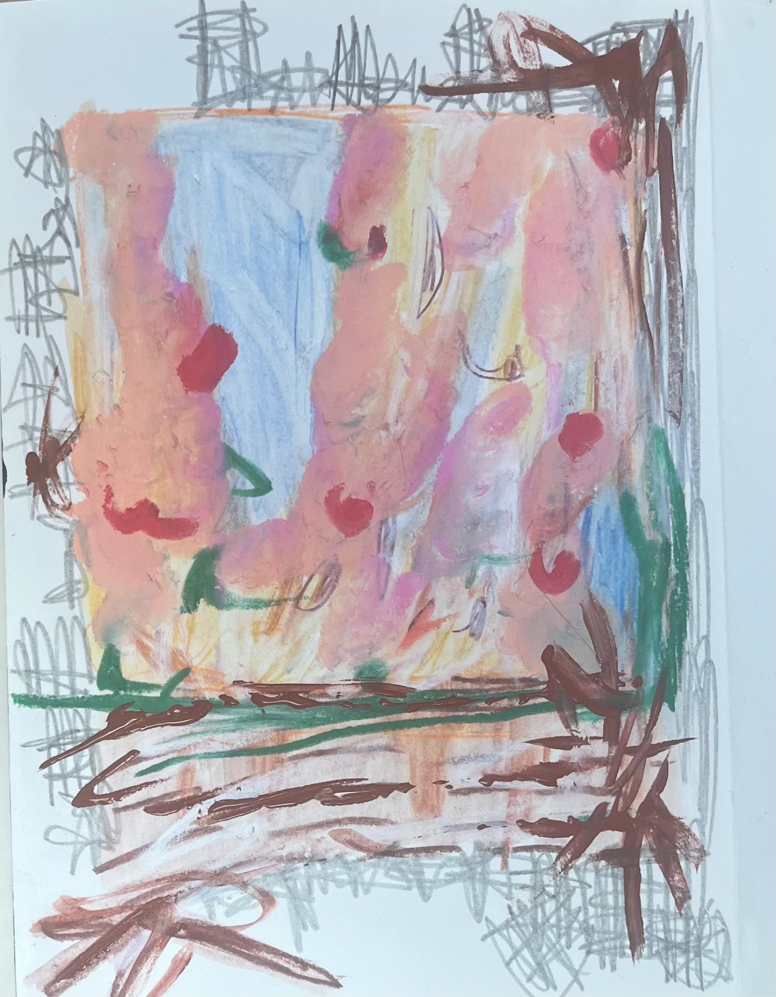 Soft picture with graphite, pastel and paint in pink white and peachy hues dotted with a fewgreen and red marks