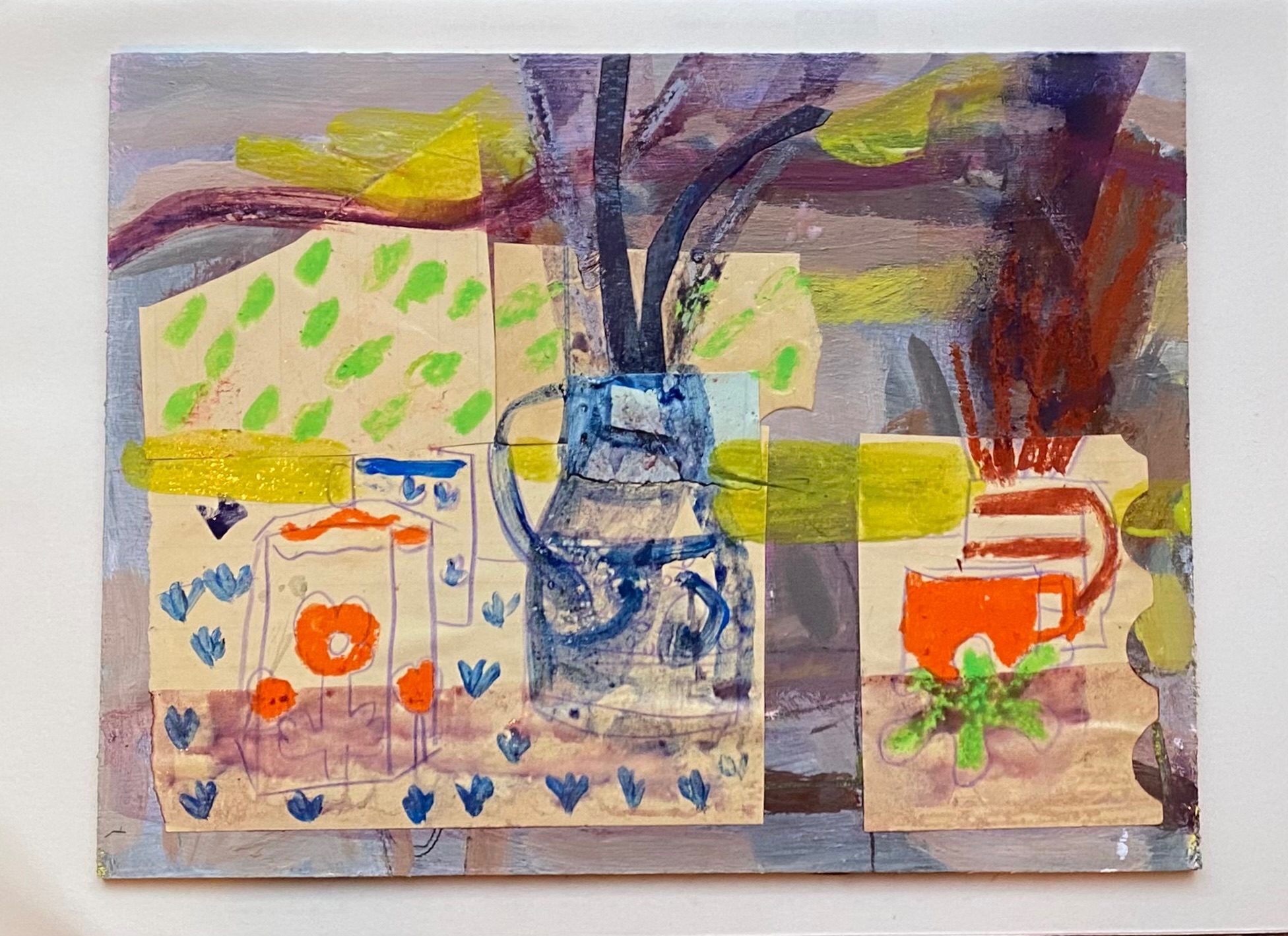 Painting of a jug and hill in distance