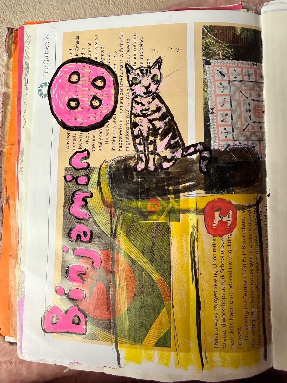 A drawing of a cat on a house hold waste bin. “Binjamin” is written and above is a sketch of a button