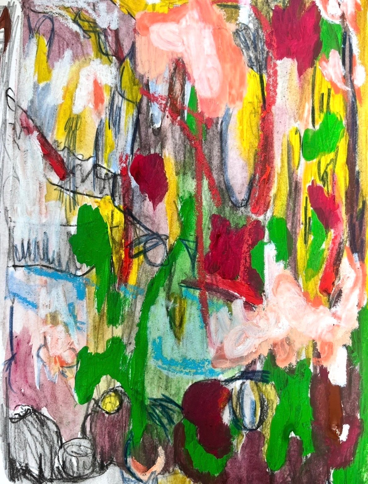 Marks in soft pastel, deep burgundy and pencil indigo layered upon the page