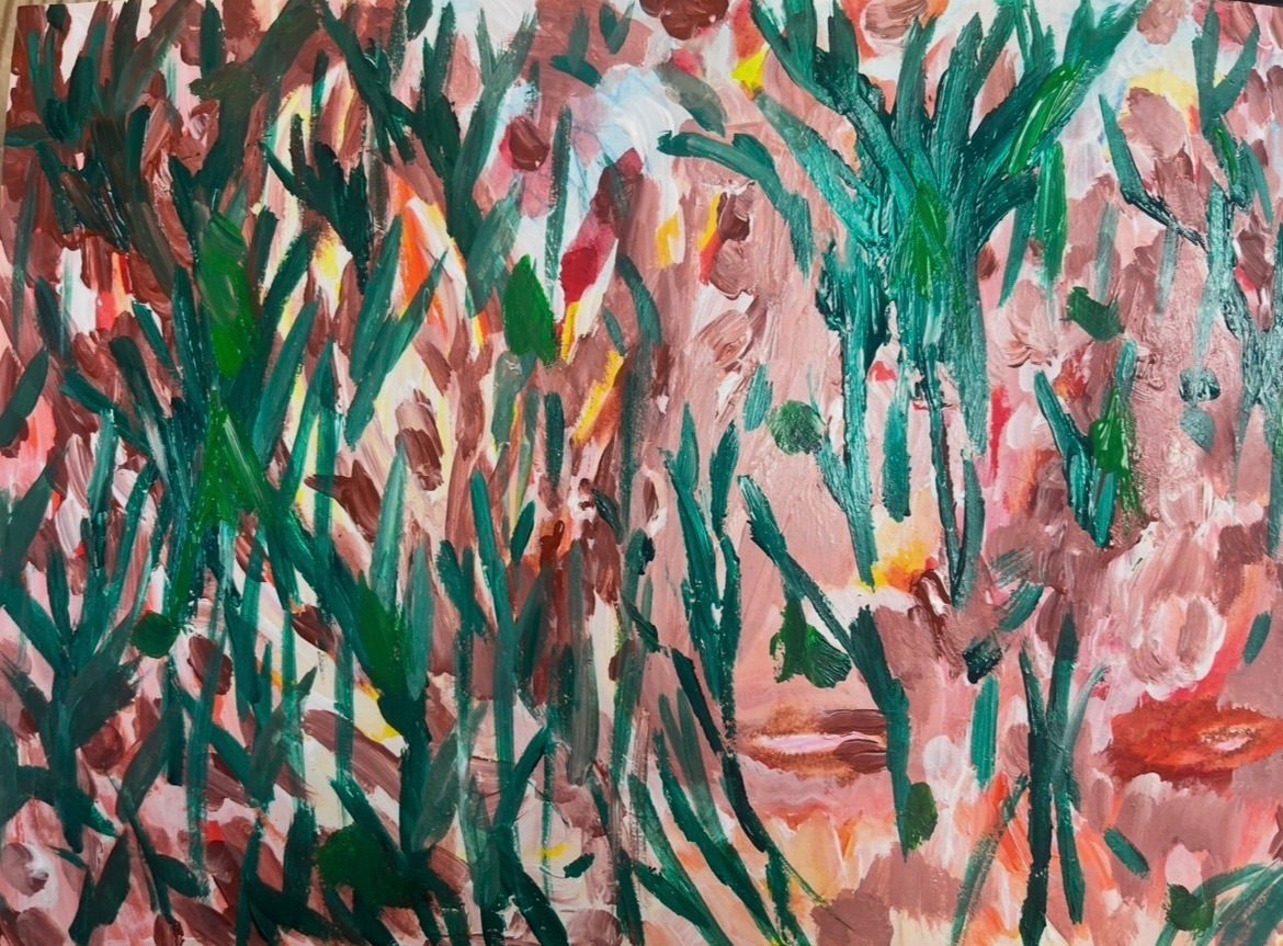 Fleshy tones in various hues blurred  behind green paint marks