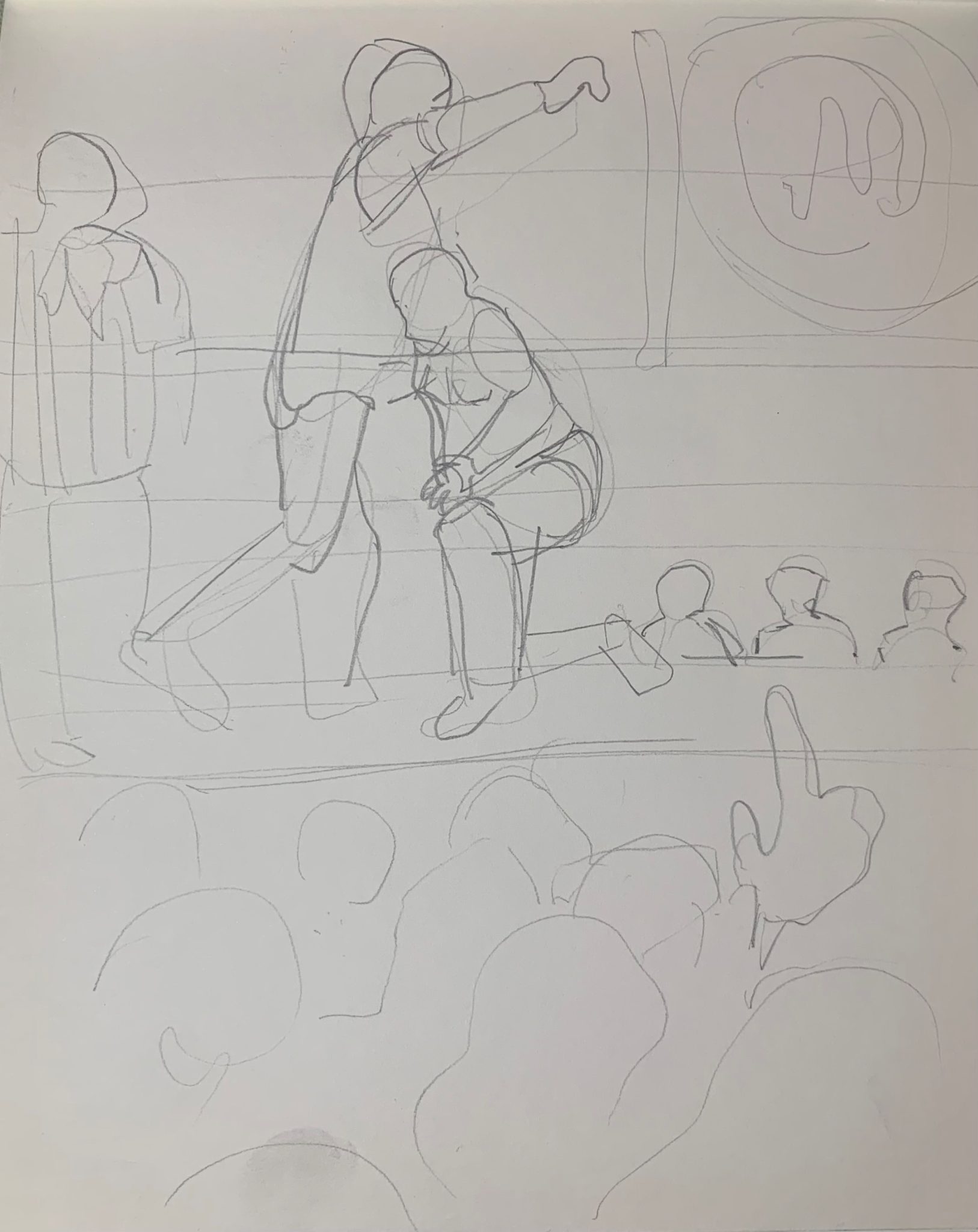 Working out a composition for a painting - wrestlers and audience watching, judges and ref