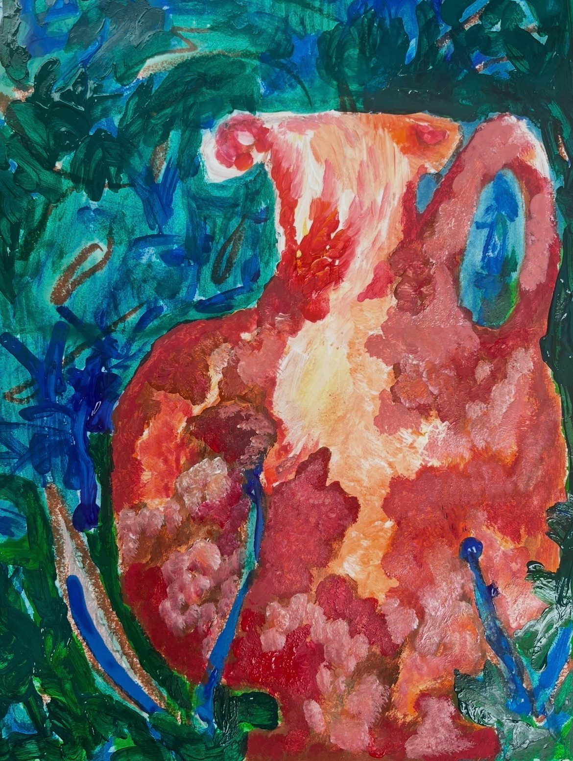 Painterly Vase in skin tone hues upon a blue and green paint scribble marked background