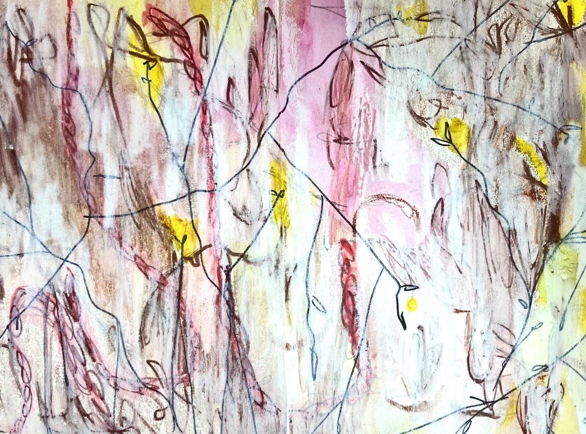 Layers of texture marks on the page in pencil, pen, paint, pastel with brown, yellow and pinkish hues dotted with red lines