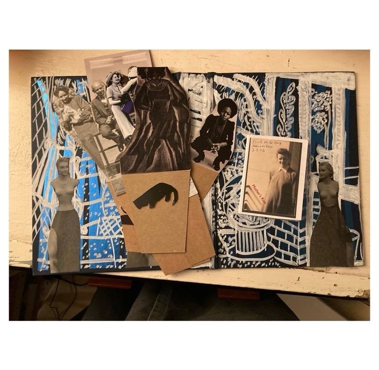 Collage materials and drawn elements in a haphazard arrangement